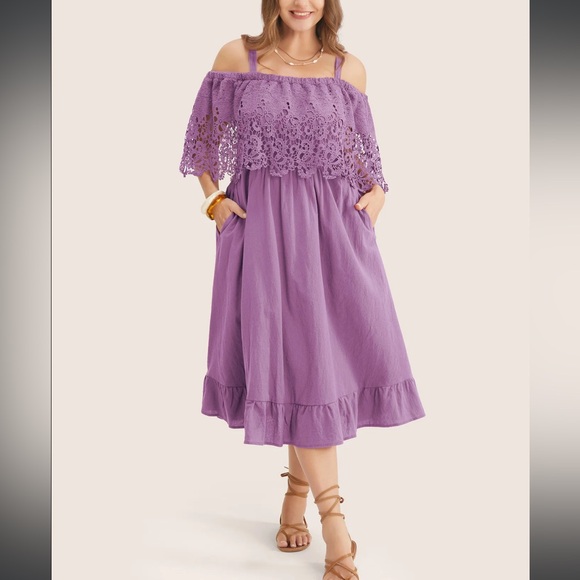 Bloomchic Solid Cold Shoulder Contrast Lace Pocket Ruffle Hem Dress - Picture 2 of 3